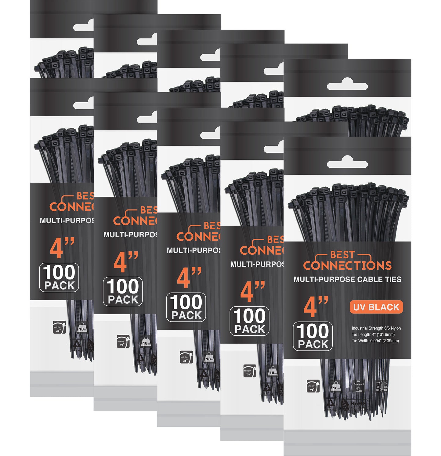 Best Connections 1000 Pcs 4" inch Black Nylon Cable Wire Zip Ties 18 Lbs Electrical Network Cord