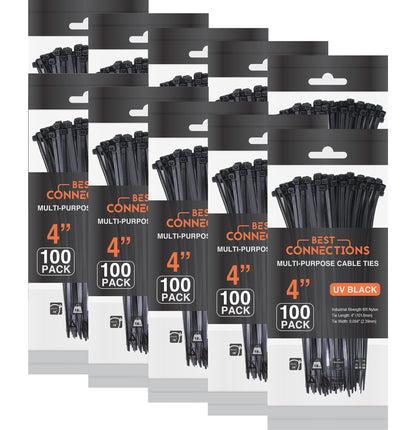 Best Connections 1000 Pcs 4" inch Black Nylon Cable Wire Zip Ties 18 Lbs Electrical Network Cord