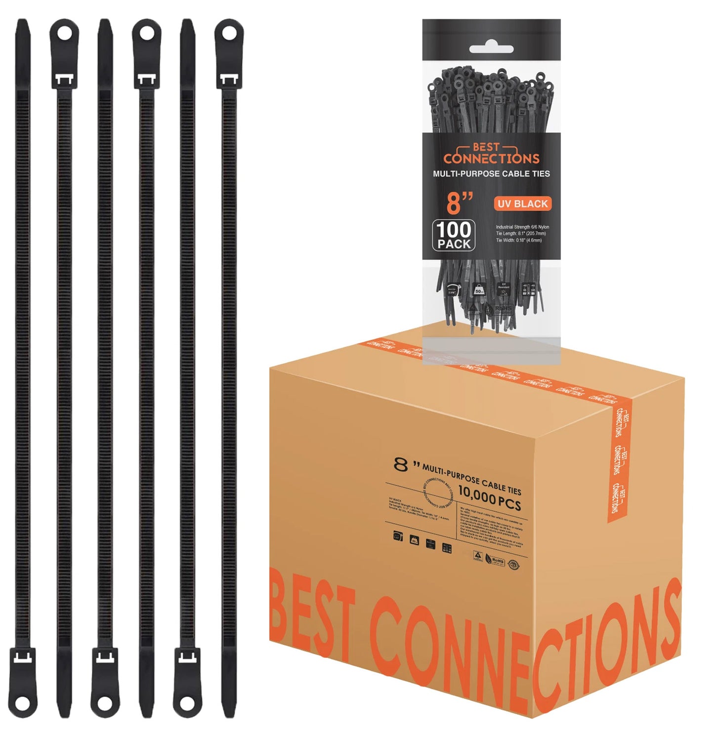 Best Connections 10,000 Pieces 8" Screw Down Nylon Cable Zip Ties Mounting Hole 50 Lbs Test Black