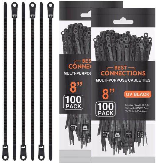 Best Connections 200 Pieces 8" Screw Down Nylon Cable Zip Ties Mounting Hole 50 Lbs Test Black