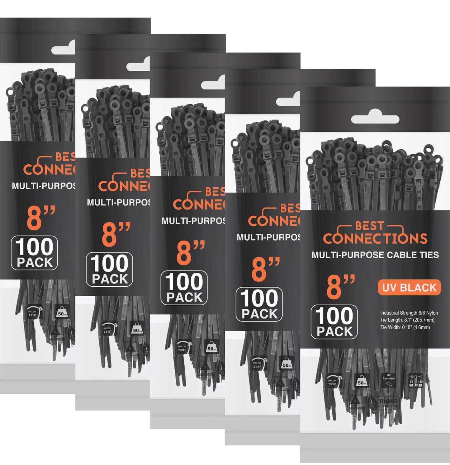 Best Connections 500 Pieces 8" Screw Down Nylon Cable Zip Ties Mounting Hole 50 Lbs Test Black