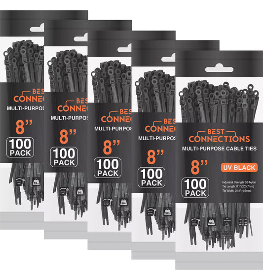 Best Connections 500 Pieces 8" Screw Down Nylon Cable Zip Ties Mounting Hole 50 Lbs Test Black