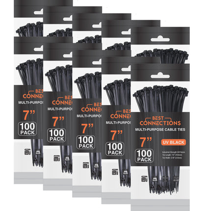 Best Connections 1000 Pcs 7" Black Nylon Cable Straps Zip Ties Wire 50 lbs Tensile Strength