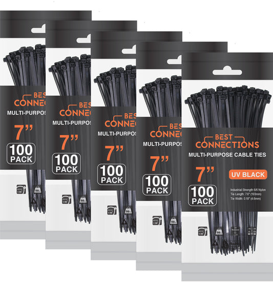 Best Connections 500 Pcs 7" Black Nylon Cable Straps Zip Ties Wire 50 Lbs Tensile Strength
