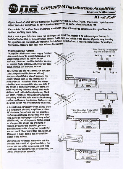 Nippon America 36dB Gain Cable Antenna Distribution Amplifier VHF UHF FM KF-235P 10 Pack