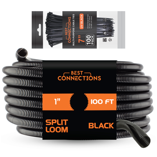 BEST CONNECTIONS 100 Ft – 1" Diameter Split Wire Loom Flex-Guard Convoluted Tubing with 100 Pcs x 7" Nylon Cable Zip Ties – Protective Split Cable Sleeves for Automotive Home Electrical Wires – Black