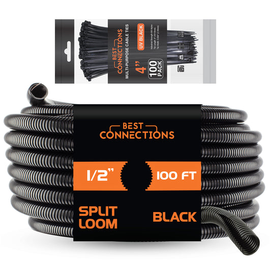 Best Connections 100 Ft 1/2" Split Wire Loom & 100 Pcs 4" Zip Ties Black Flex-Guard Convoluted Tubing