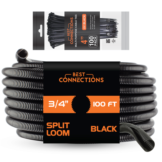 Best Connections 100 Ft 3/4" Split Wire Loom Tubing Combo 100 Pcs 4" Nylon Cable Zip Ties