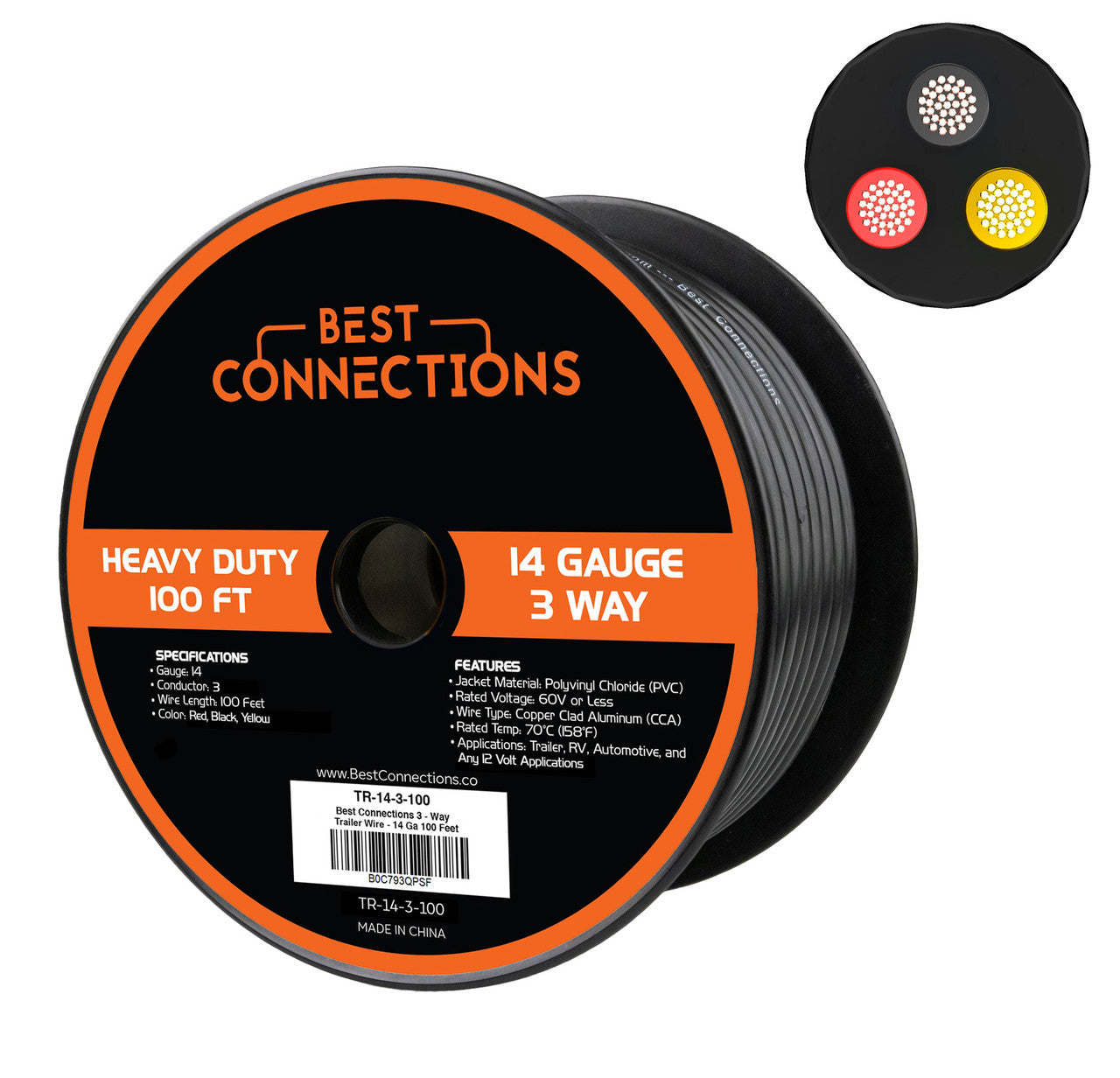 3 Way Trailer Wire (100 Feet) – Heavy Duty 14 Gauge 3 Conductor Insulated RV