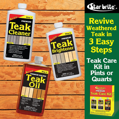 Premium Teak Care Pint Size KIT - Teak Cleaner, Premium Teak Brightener, and Premium Golden Teak Oil 081216