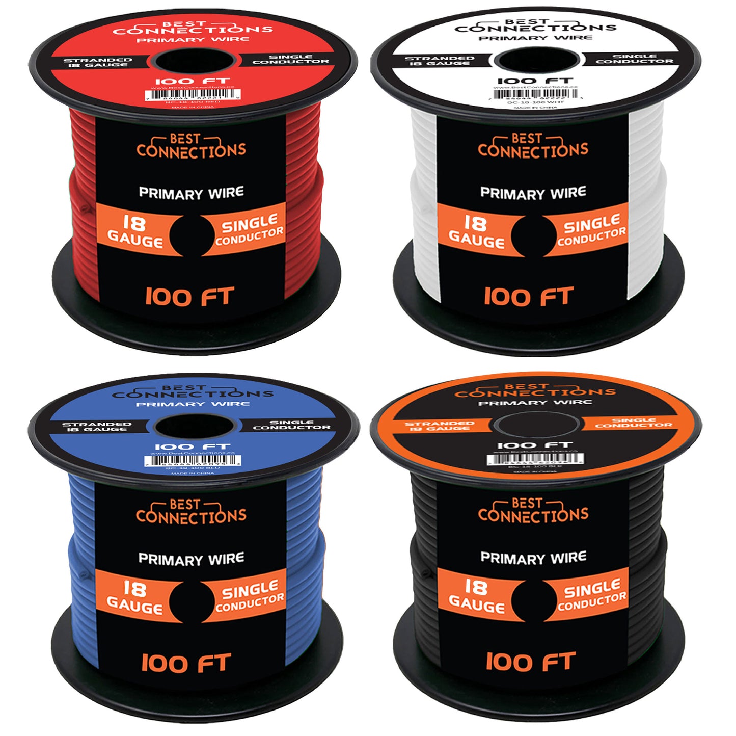 Best Connections 18 Gauge Car Audio Primary Wire 100ft–4 Rolls Remote, Power/Ground Electrical