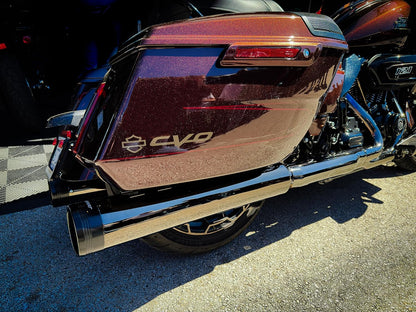 4.5" slip-on mufflers for 2017 and later Harley Touring models - "Gunsmoke" with Black End Caps