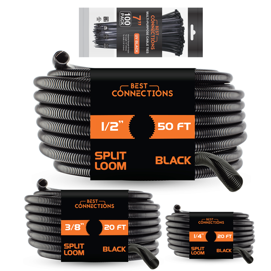 Best Connections 20 Ft Split Loom 1/4" 3/8" 1/2" Black Wire Harness Wrap w/ 7" Nylon Cable Ties