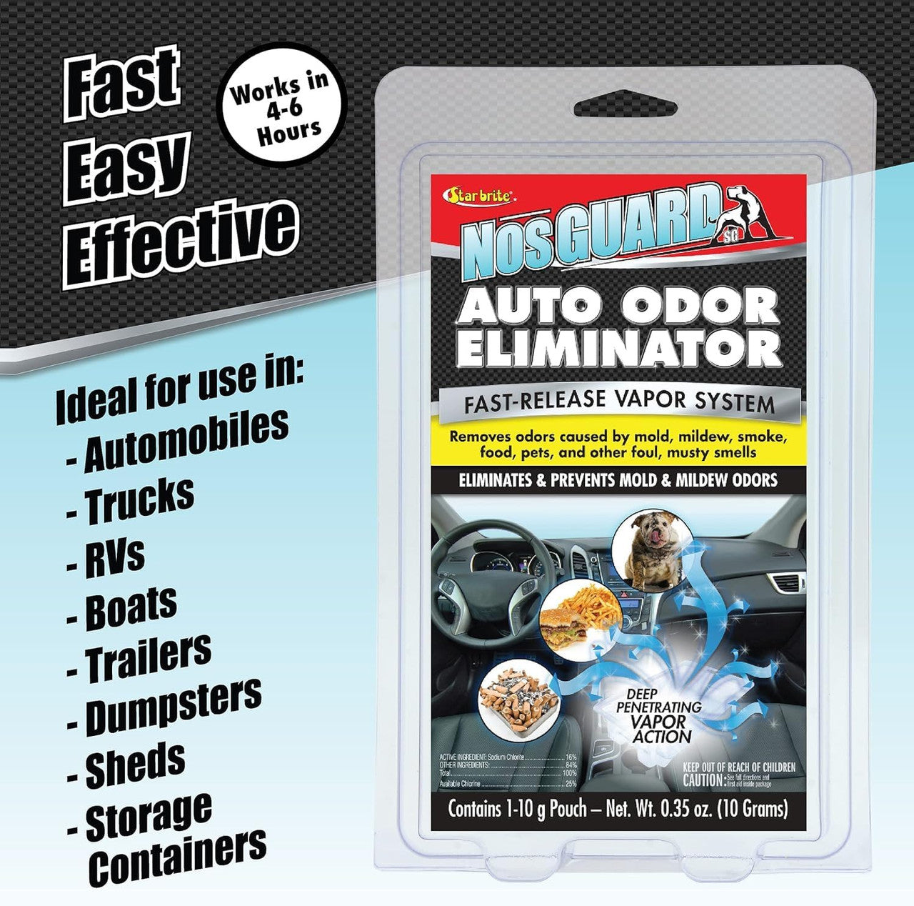StarBrite NosGUARD SG Auto Odor Eliminator - Quick-Action Vapor System, Eliminates Damp, Musty Smells, Smoke & Pet Odors in Cars within 4-6 Hours - 8 Pack Display Case