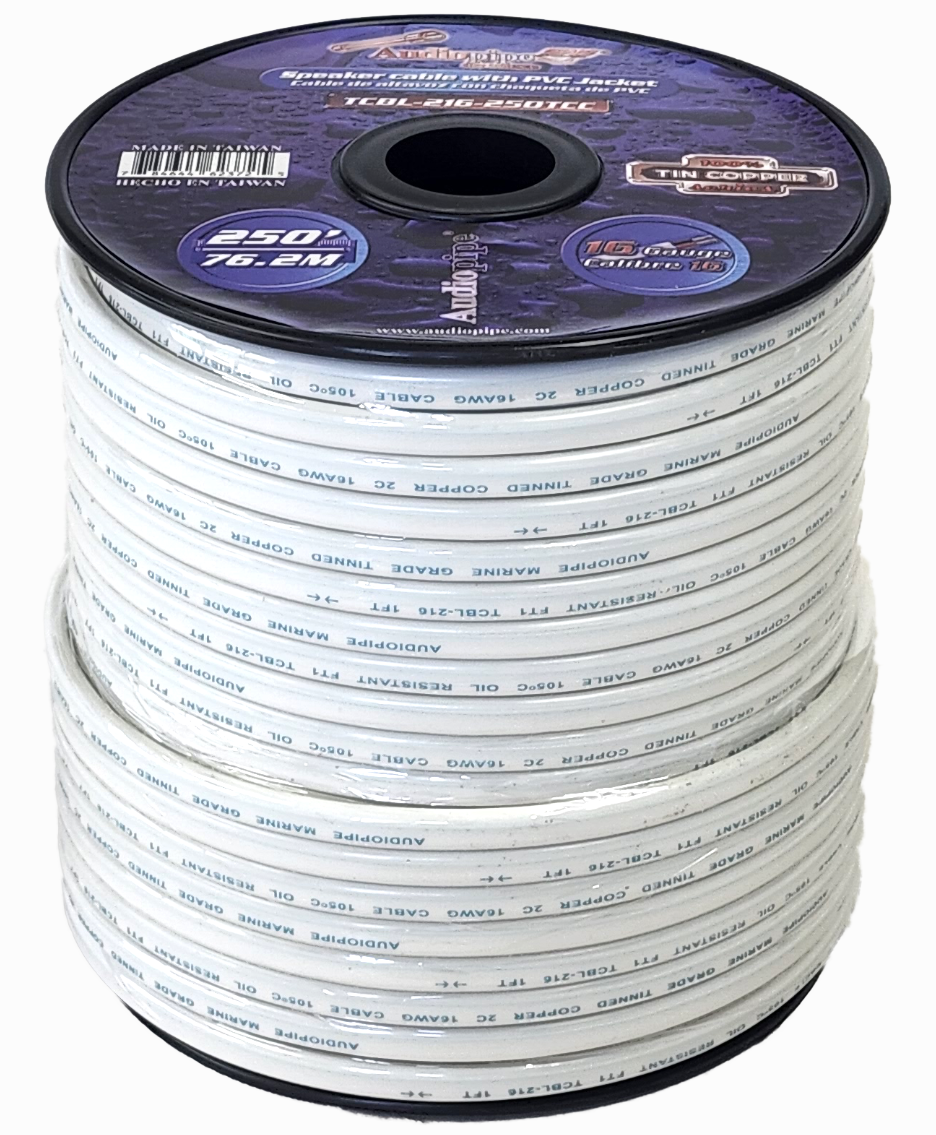 Audiopipe 16 Gauge 250 Feet Tin Copper Marine Speaker Cable Wire With White PVC Jacket