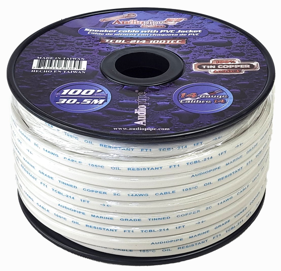 Audiopipe 14 Gauge 100 Feet Tin Copper Marine Grade Duplex Wire With White PVC Jacket