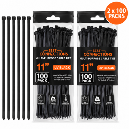 BEST CONNECTIONS Black Cable Zip Ties 11" Multi-Purpose Self-Locking Nylon Wire Ties with 50lbs Tensile Strength Cable Management Ties for Outdoor & Indoor
