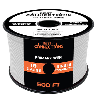 BEST CONNECTIONS Automotive Primary Wire - 500ft (Various Color Options) | Ideal for Trailer, Speaker, and Lighting Circuits | Durable Primary/Remote, Power/Ground Electrical Wiring - 18 Gauge