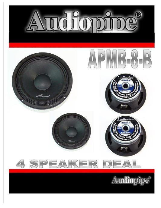 2 Pairs 8" 500W Full Range Loud Speakers Low Mid Range Audiopipe APMB-8-B