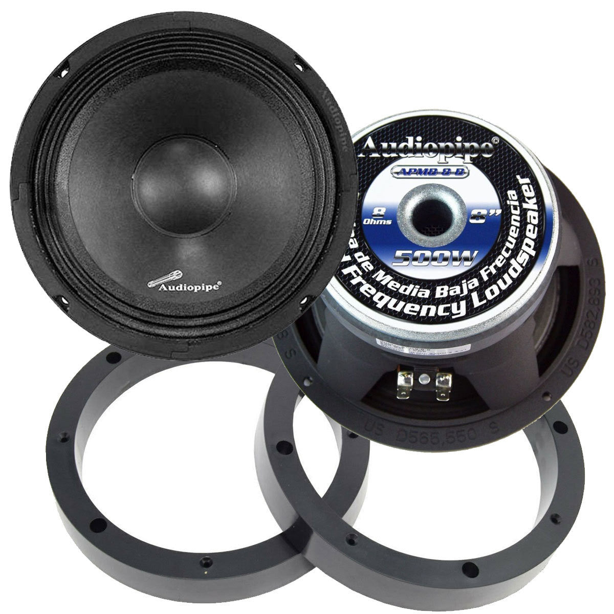 2 Pairs Audiopipe 8" 500W Mid Range Loud Speakers with 1" Plastic Spacer Rings