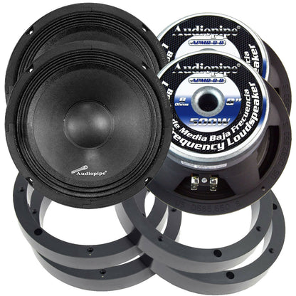 2 Pairs Audiopipe 8" 500W Mid Range Loud Speakers with 1" Plastic Spacer Rings