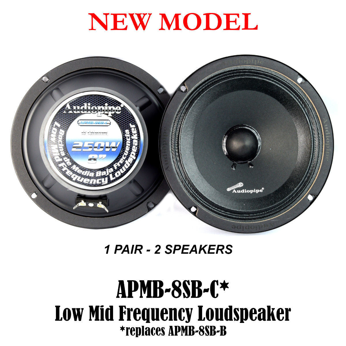 1 Pair 8" 250 Watts Car Audio Speakers Mids Sealed Back Full Range APMB-8SB-C