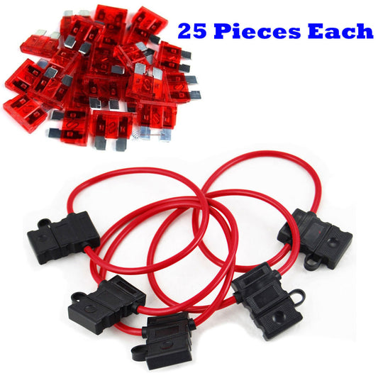 25 Pcs 10 Gauge In-Line ATC/ATO Fuse Holder & 10 Amp ATC Blade Fuses