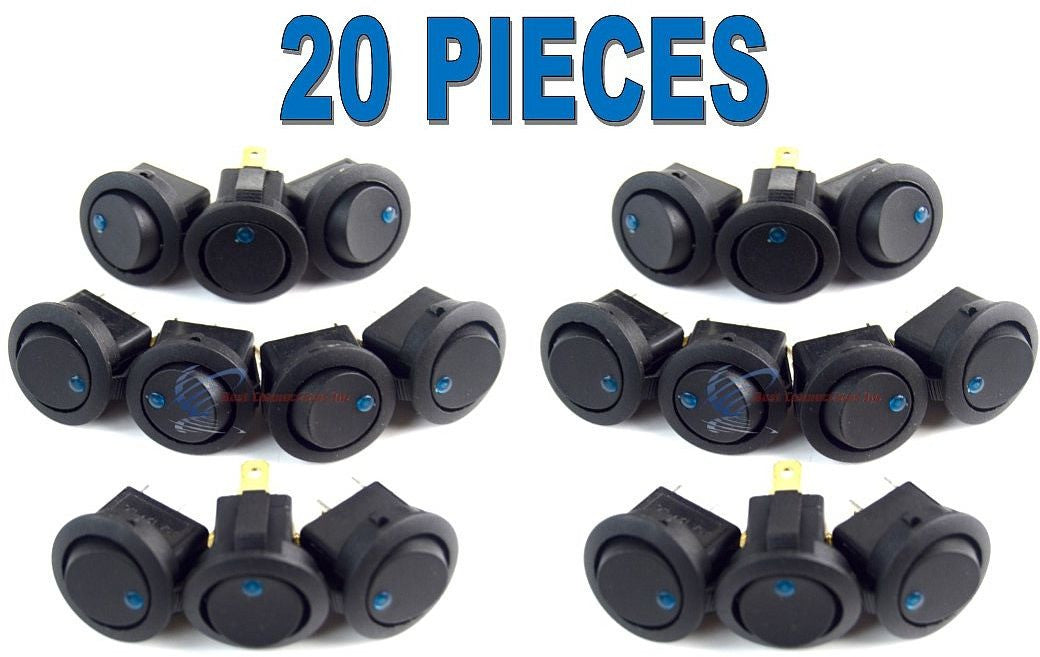 20 Pcs 12 Volt Round Rocker Switches with Blue LED On Off Car Automotive