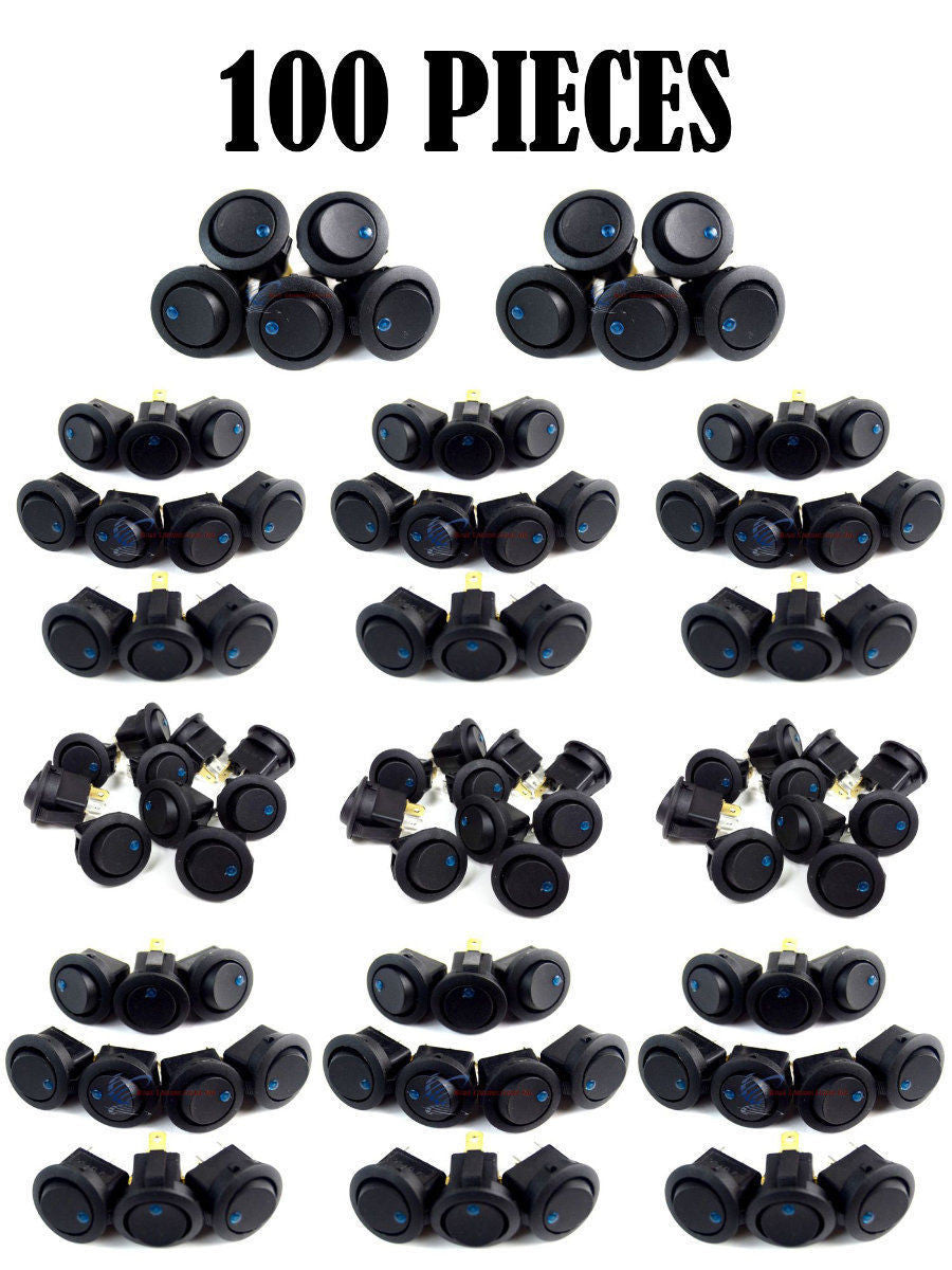 100 PCS Black Round Rocker Blue LED Dot Light Car Auto Boat ON/OFF TOGGLE SPST