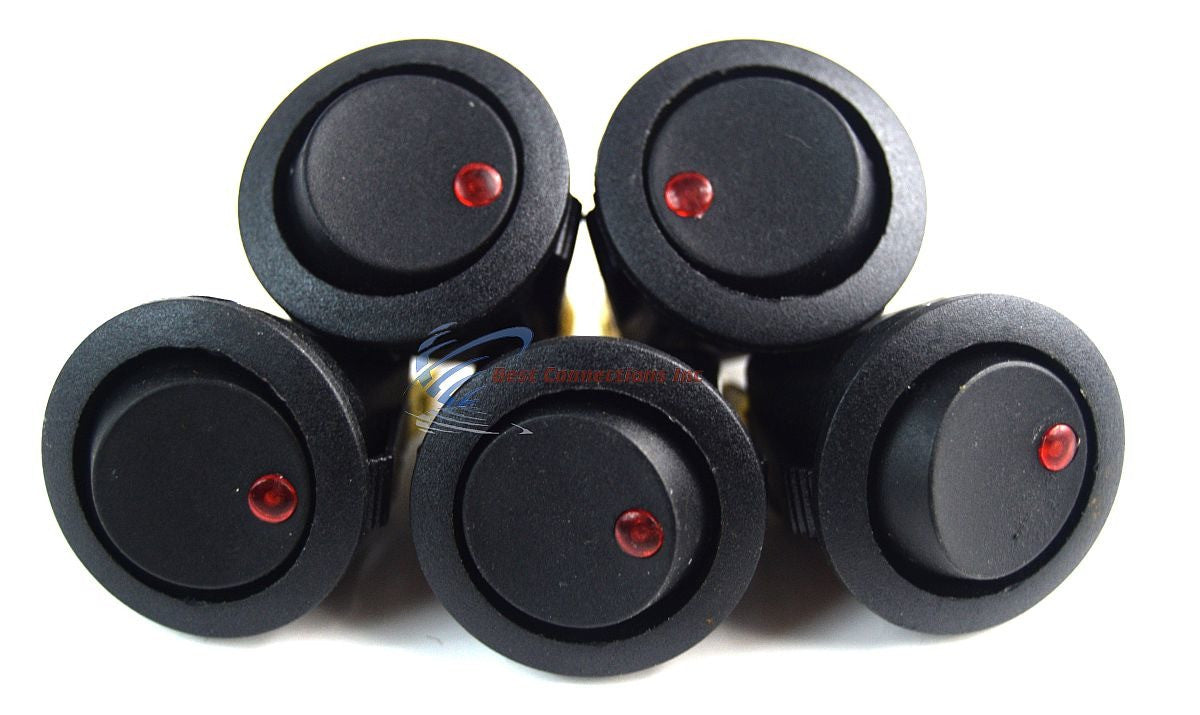 EC-1213 Black Round Rocker Switch with Red LED 3 Prong  CAR SPST TOGGLE 5 PC