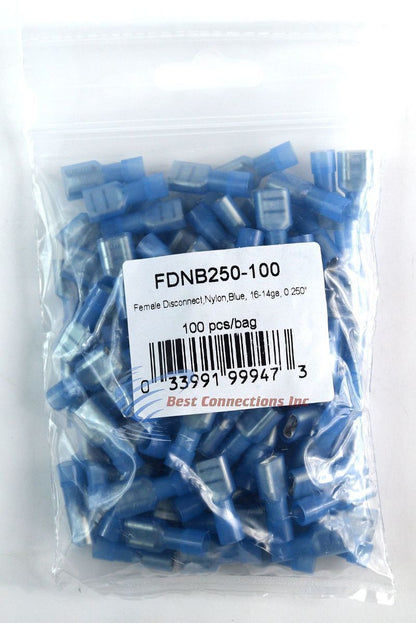 100 pcs Blue Female Disconnect Nylon 16-14 gauge AWG 1/4" Audio Video Scosche