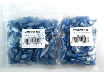 200 PCS 16-14 AWG QUICK DISCONNECTS 100 MALE 100 FEMALE BLUE SPADE CONNECTORS