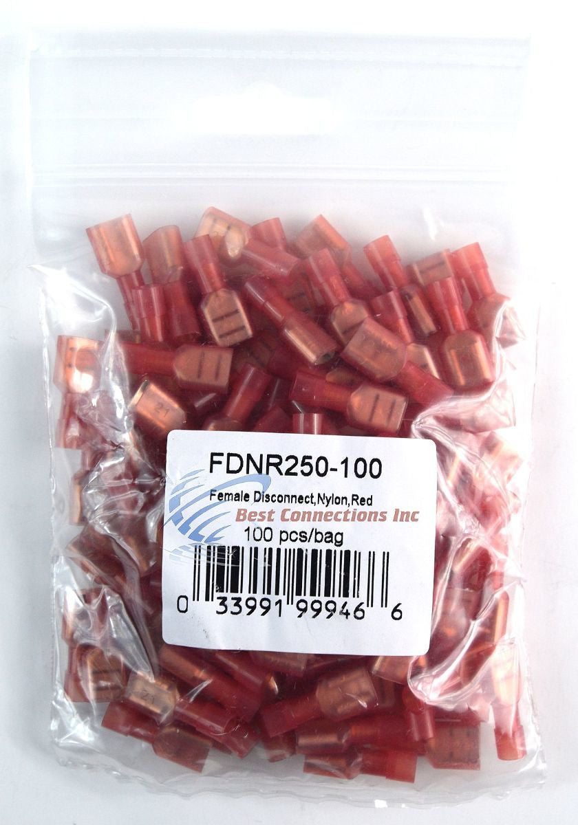 100 pcs Red Female Disconnect Nylon 22-18 gauge AWG 1/4" Audio Video Scosche