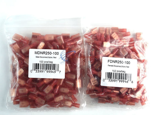 200 pcs 22-18 AWG Quick Disconnects (100) Male / (100) Female Red Spade Conn.