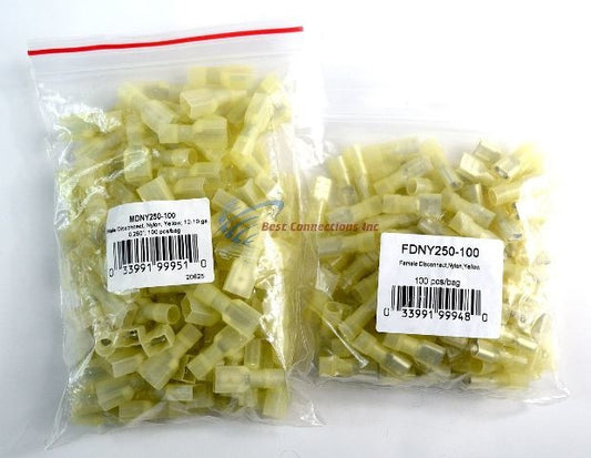 200 pcs 12-10 AWG Quick Disconnects (100) Male / (100) Female Yellow Spade Conn