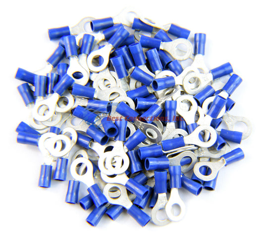 100 PK Blue Vinyl Insulated Ring Terminal 16-14 Gauge 1/4" Metra Install Bay