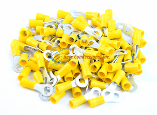 Yellow Vinyl Ring Terminal Connector 1/4" 12-10 Gauge AWG 100 PCS Install Bay