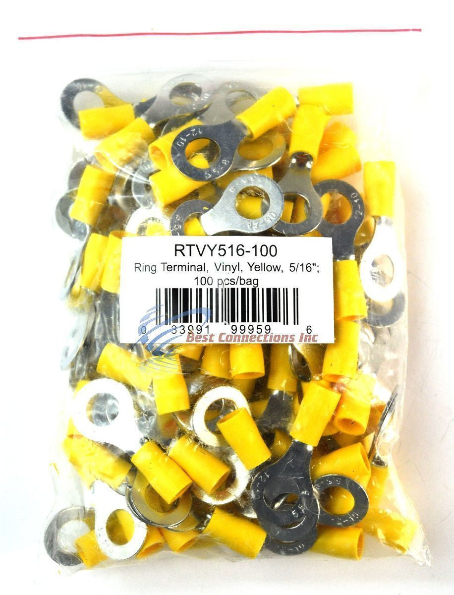 100 Pieces Vinyl Yellow 5/16" Ring Terminal Connector 12 - 10 Gauge AWG Scosche