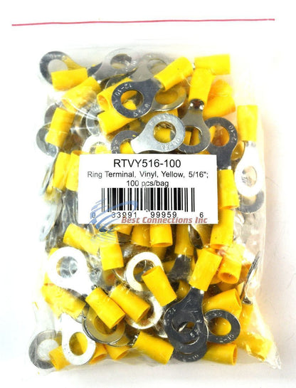 100 Pieces Vinyl Yellow 5/16" Ring Terminal Connector 12 - 10 Gauge AWG Scosche