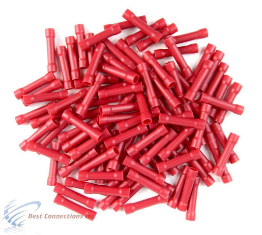 100 PCS Red Vinyl Butt Connector 22-18 Gauge 12 Volt Electrical Install RVBC