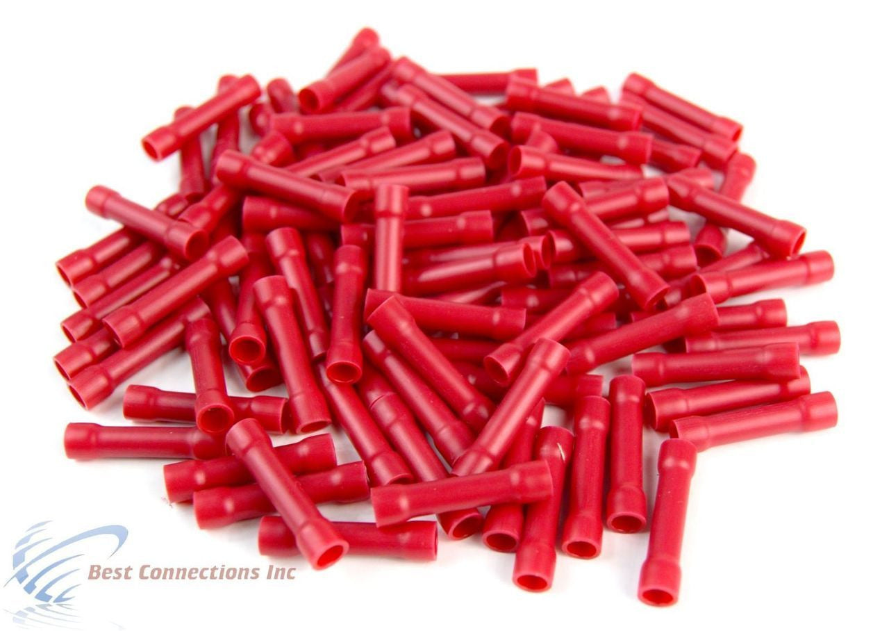 100 PCS Red Vinyl Butt Connector 22-18 Gauge 12 Volt Electrical Install RVBC