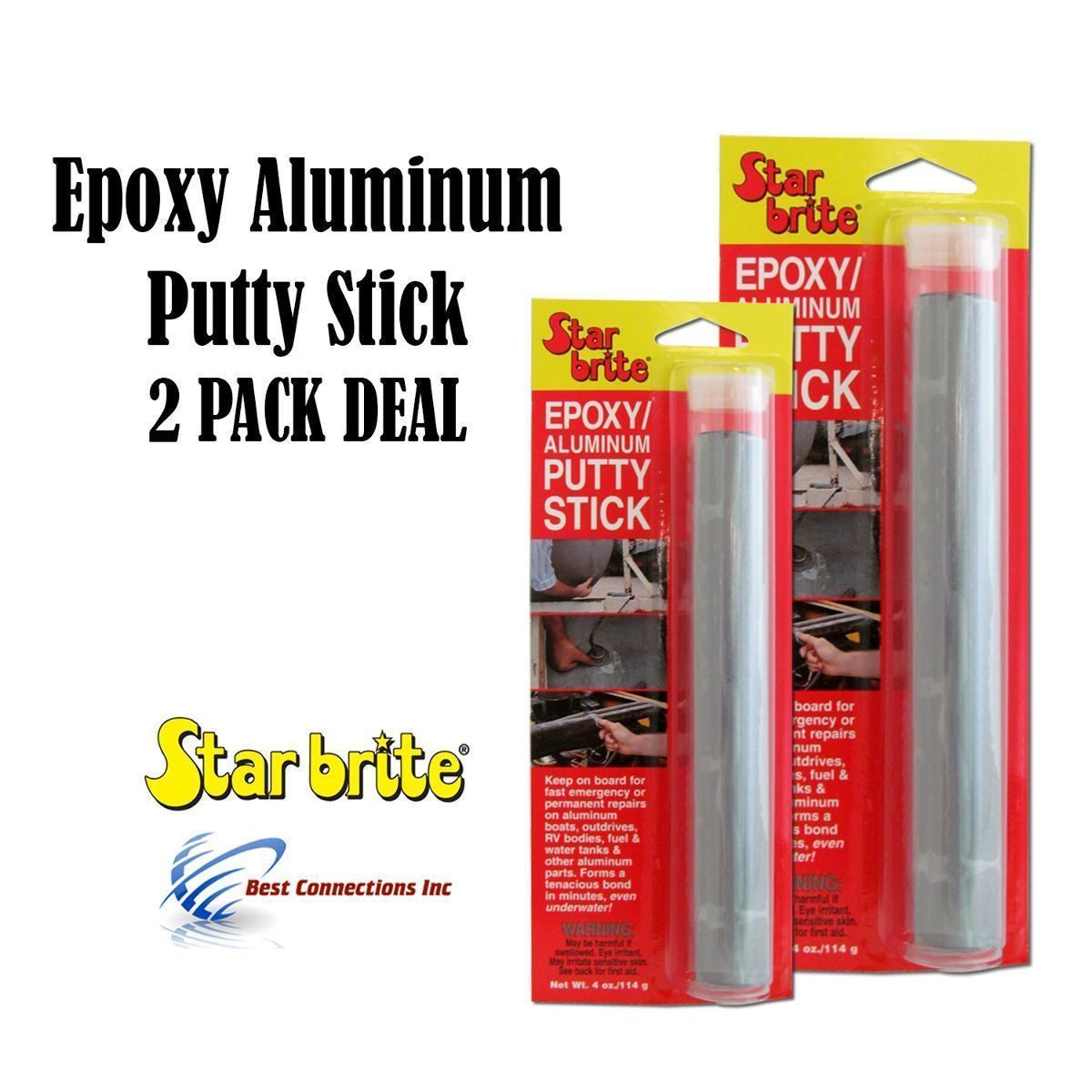 2 Pack StarBrite 4 Oz. Epoxy Putty Stick - Easy, Fast, Permanent Repairs Even Underwater - Repair Boat Hulls, Decks, Pools, Spas, Hot Tubs, Leaking Gaskets, Tanks, Gutters & More